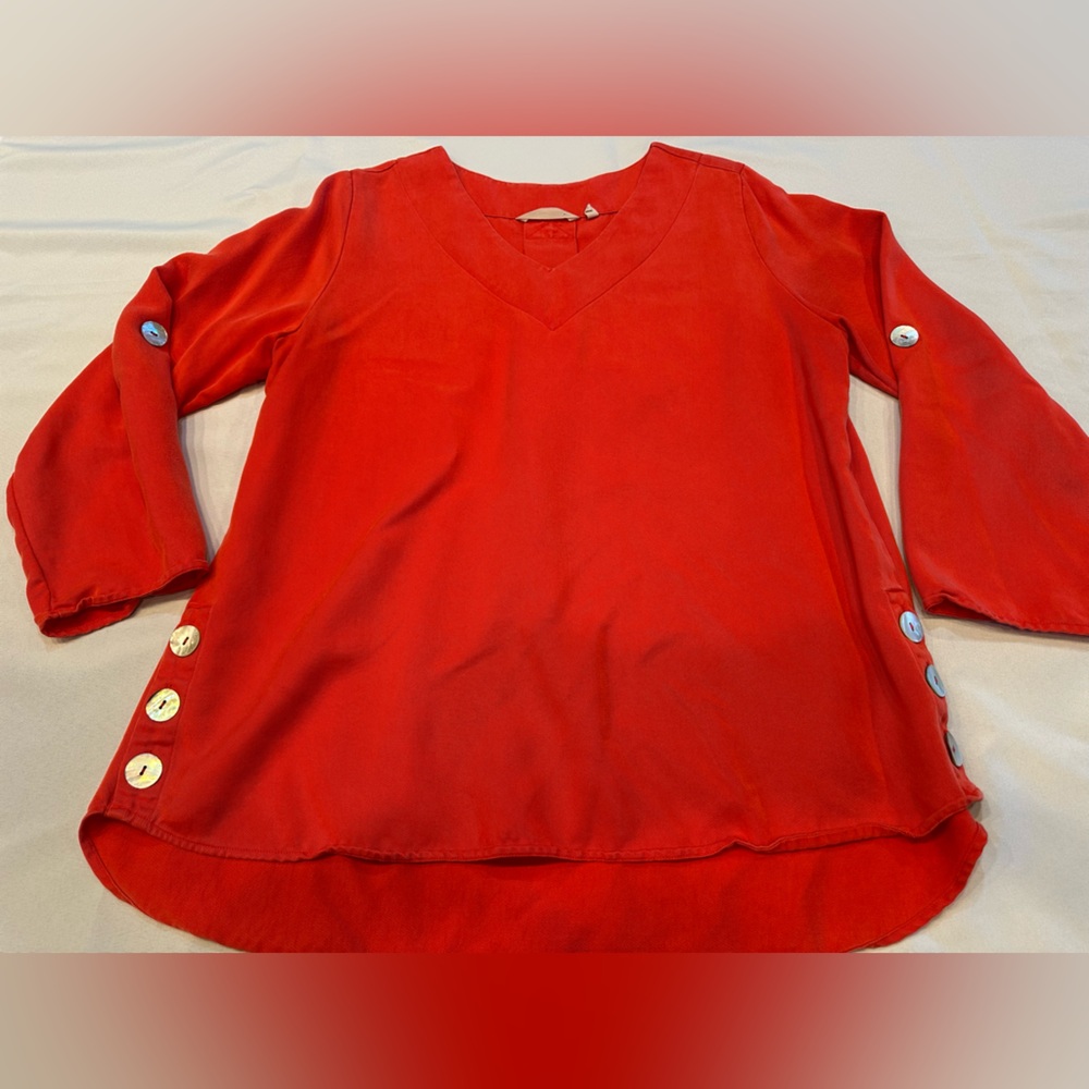 Soft Surroundings Red V‑Neck Button Accent Blouse